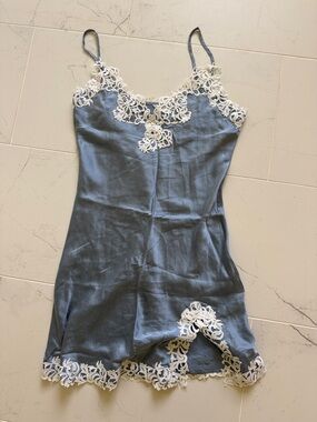 Silk-Feel Blue Lace Trim Chemise Slip